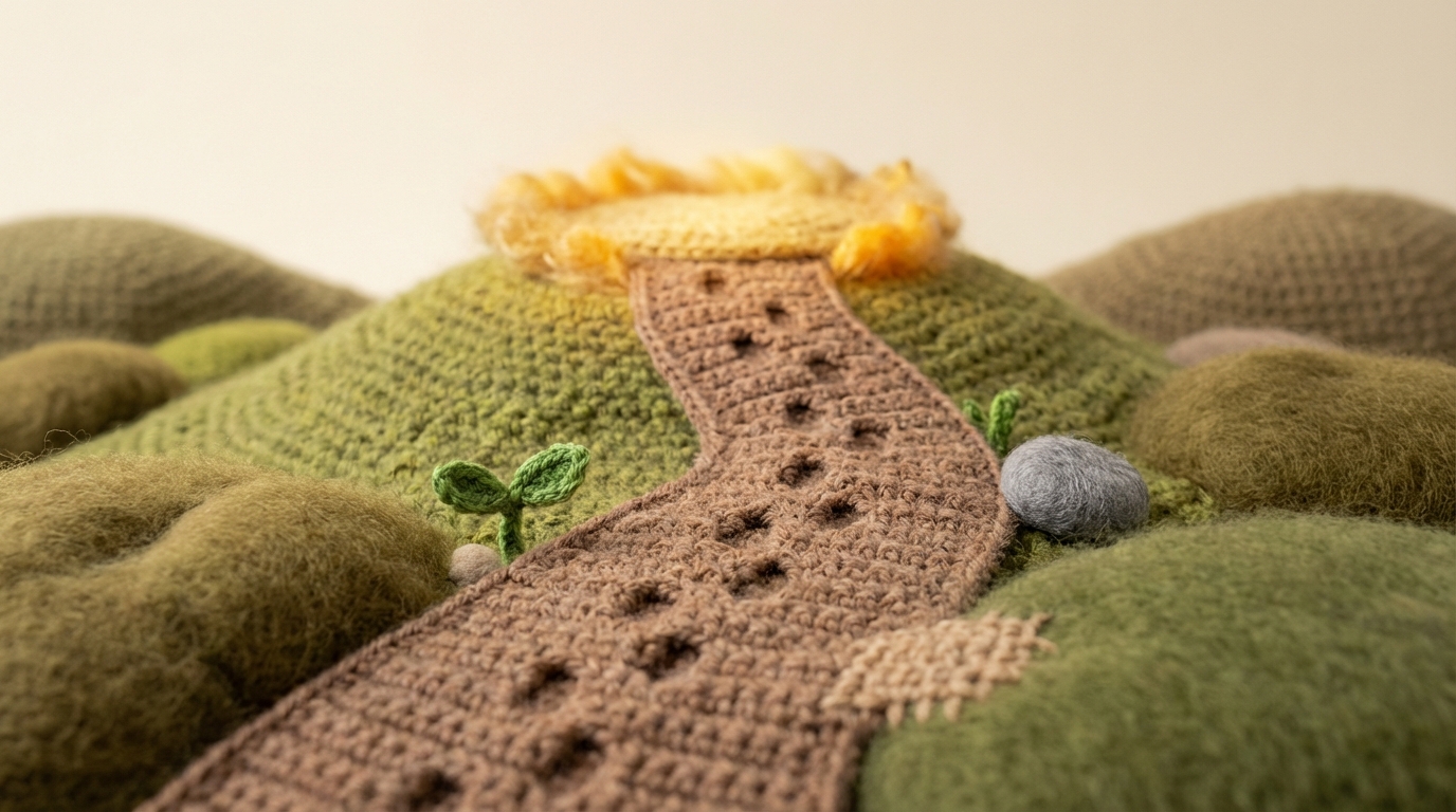 A winding, gentle uphill path with many small, distinct footprints leading upwards. Along the path, tiny, subtle improvements are visible, like a small plant growing, a slightly smoother stone, a cleaner patch of ground. The path leads to a slightly elevated, brighter area. The overall mood is calm and persistent. Earthy green and brown tones, with soft light. Low angle, following the path upwards.