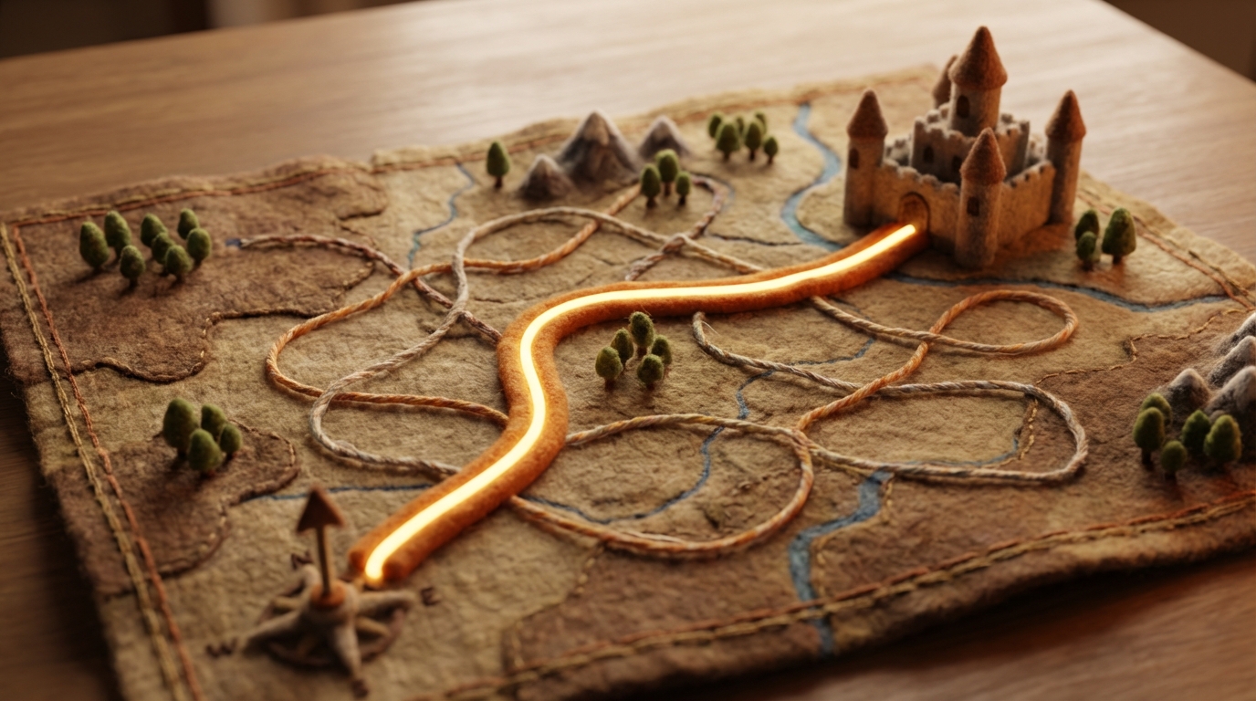 A detailed, yet clear roadmap laid out on an old, textured map. A distinct, glowing line marks the main route, starting from a point labeled 