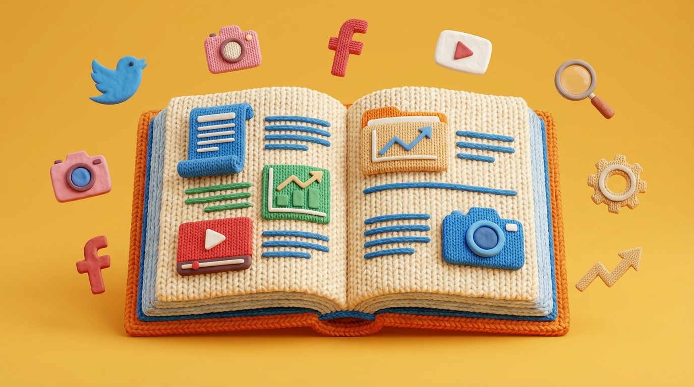 A visual representation of a content strategy: a large, open book with pages filled with diverse content formats – articles, infographics, video thumbnails, and case study summaries. Surrounding the book are smaller icons representing different social media platforms and analytical tools. The overall composition suggests a well-structured and multi-faceted approach to content creation and distribution.