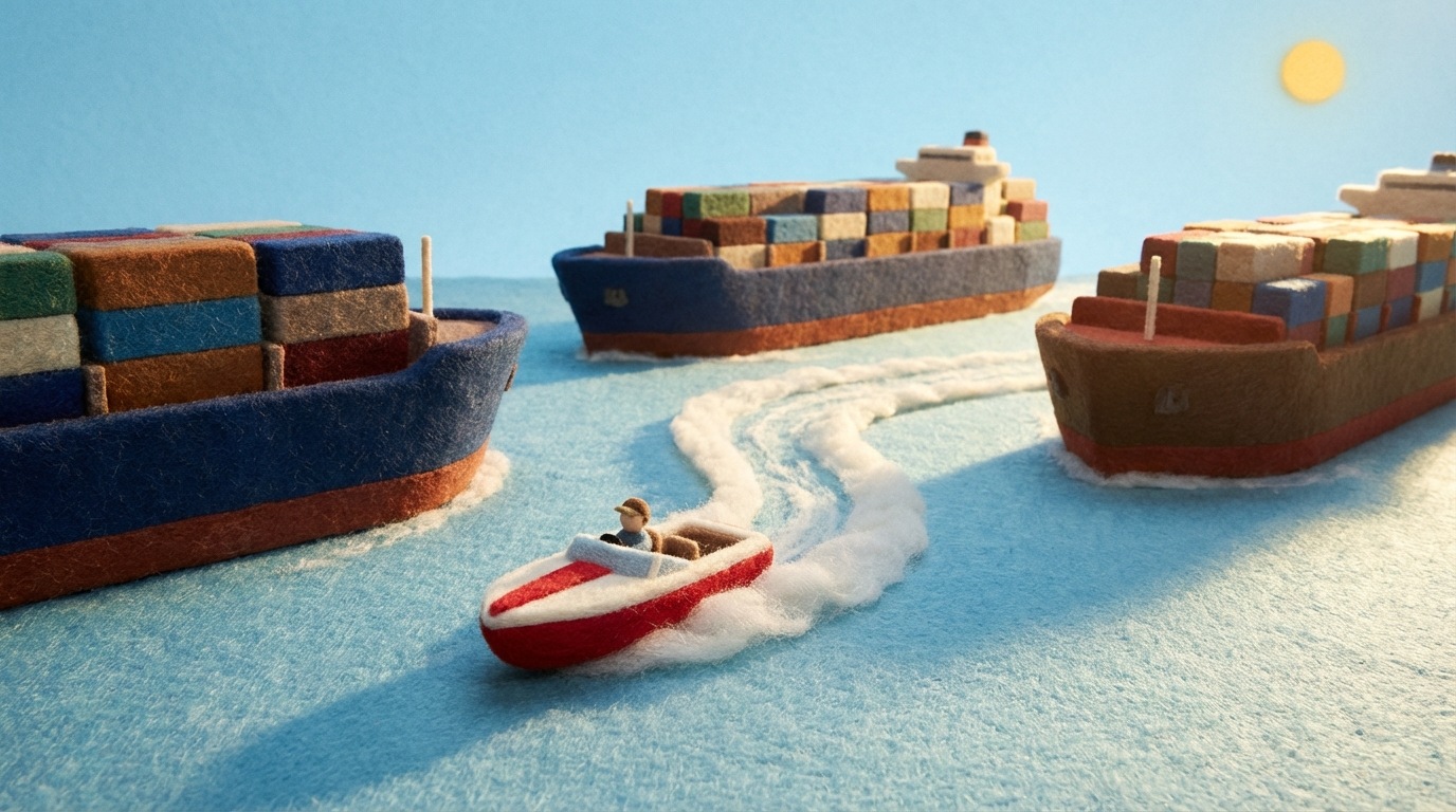A small, nimble speedboat swiftly navigates through a cluster of massive, slow-moving cargo ships on a calm sea. The speedboat leaves a distinct wake, showing its agility and speed, while the cargo ships appear bulky and steady. The contrast illustrates the difference in flexibility and speed. The sky is bright and clear, reflecting off the water. Warm sunlight bathes the scene. Viewed from a slight aerial perspective, emphasizing the scale difference.