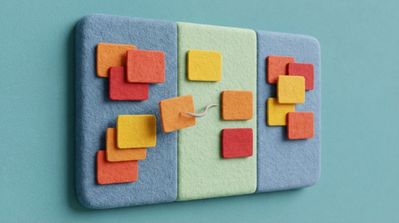 A minimalist Kanban board viewed from a slight angle. It has three distinct columns: "To Do," "In Progress," and "Done." Within each column are several rectangular cards (tasks), each with a different color. The "In Progress" column has fewer cards than "To Do," illustrating Work In Progress (WIP) limits. One card is actively being dragged from "To Do" to "In Progress." The background is clean and uncluttered. A sense of clear flow and progression. Cool, muted blues and greens for the board, with contrasting warm colors for the task cards.