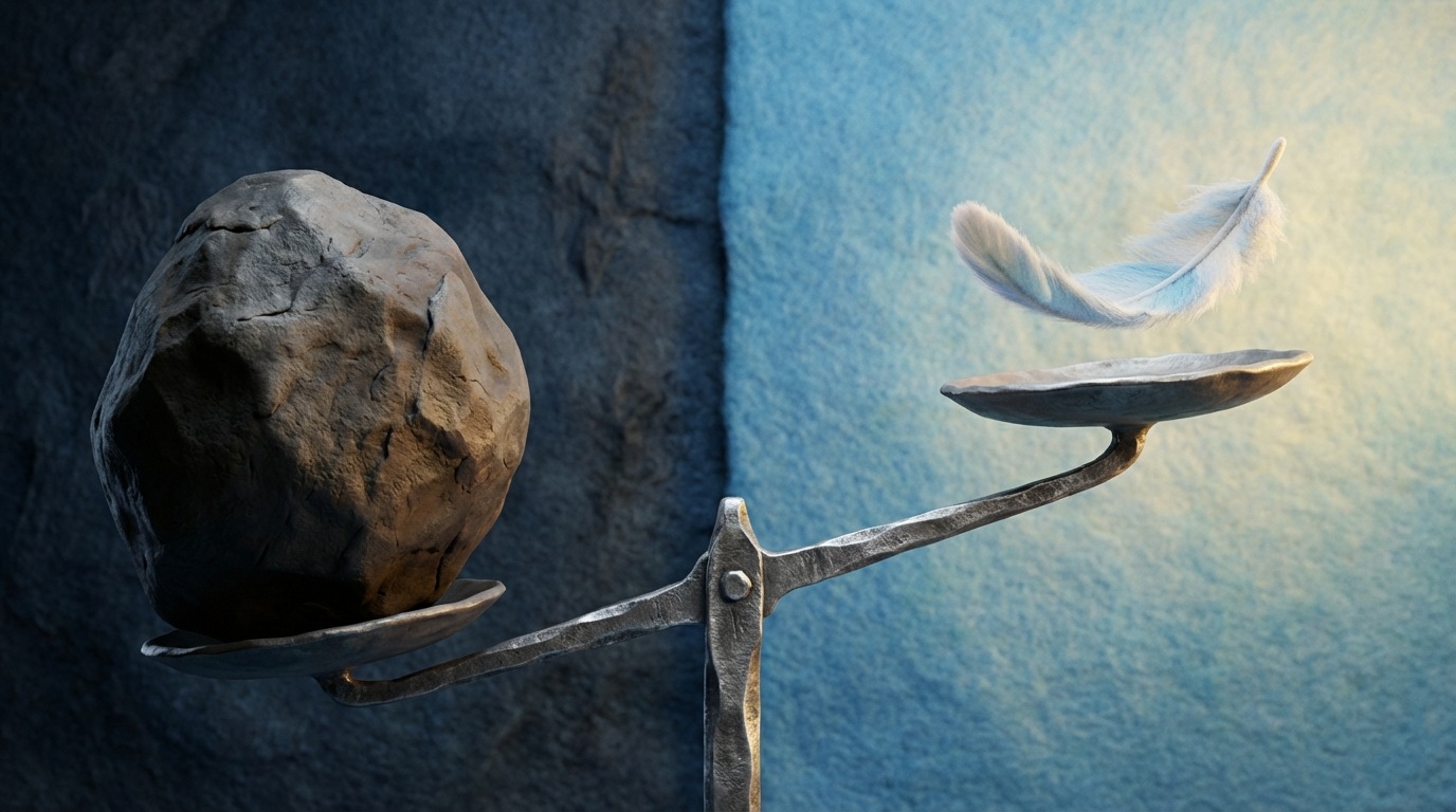 A stylized, slightly tilted balance scale. On one side, a large, heavy-looking stone labeled with a minus sign, pulling that side down significantly. On the other side, a much smaller, lighter feather labeled with a plus sign, barely affecting the scale. The stone represents the perceived weight of loss, while the feather represents the comparatively lighter feeling of gain. The background is dark and somber on the "loss" side, and slightly brighter on the "gain" side. The composition clearly illustrates the psychological imbalance between avoiding loss and achieving gain.