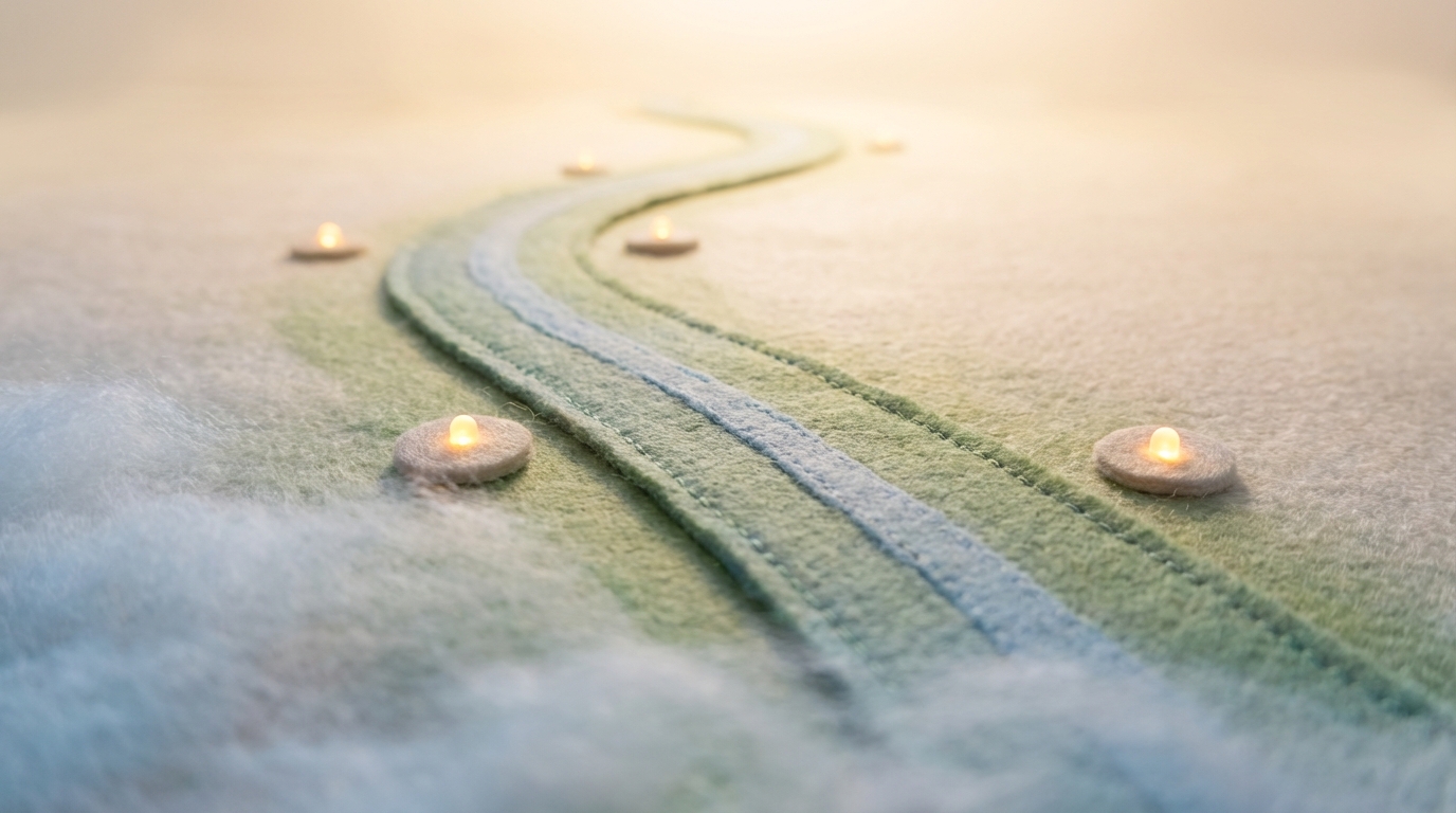 A long, winding, and slightly complex path or road stretches into the distance, disappearing into a soft, inviting glow on the horizon. Along the path, several faint, stylized markers or checkpoints are subtly illuminated, indicating different stages of a journey. The foreground of the path is partially obscured by a gentle mist, symbolizing the "invisible" or early stages of the B2B buyer's journey. The color palette is muted with hints of soft greens and blues, conveying a sense of progression and discovery.