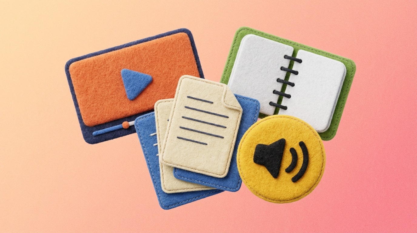 A visually rich collage of various content icons: a video player screen, a stack of documents (for case studies), an open notebook (for articles), and a speaker icon (for webinars). The icons are arranged in a dynamic, overlapping composition, suggesting variety and abundance. Each icon has a slightly different, yet harmonious, color, making the overall image energetic and informative. The background is a subtle, textured gradient.