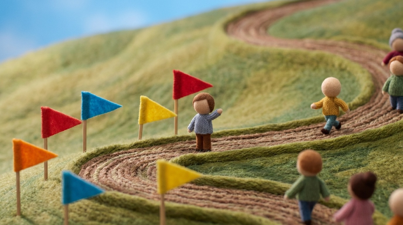 A winding, uphill path, stretching into the distance. Along the first few turns of the path, several small, brightly colored flags are planted, each representing a "quick win." A group of stylized figures (without faces) are walking up the path, their postures straightening as they pass each flag, gaining momentum and encouragement. The mood is one of steady progress and growing motivation. Medium shot, showing the path and figures. Bright, optimistic colors for the flags.