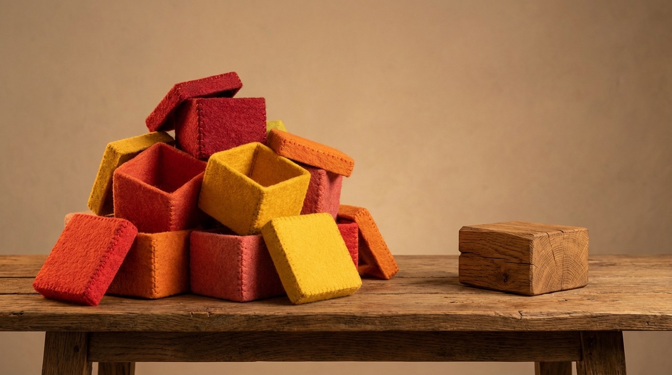 A pile of identical, brightly colored, but empty gift boxes stacked haphazardly on a table. Each box has a generic, meaningless label like "Best Solution" or "Market Leader" in a stylized font. A single, small, unadorned but solid-looking wooden block sits to the side, representing concrete value. The overall composition highlights the contrast between flashy, empty claims and understated substance. Warm, slightly artificial colors for the boxes, natural tones for the wooden block.