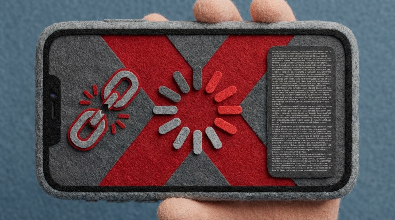 A mobile phone screen displaying a problematic website. Various common usability issues are visually represented: a spinning loading icon prominently displayed in the center, a broken link symbol (like a chain link broken) on one side, and a section of text that is extremely small and difficult to read due to low contrast. A large, red "X" or warning sign is subtly integrated, indicating overall poor user experience. The color palette uses stark reds and grays to convey urgency and problems.