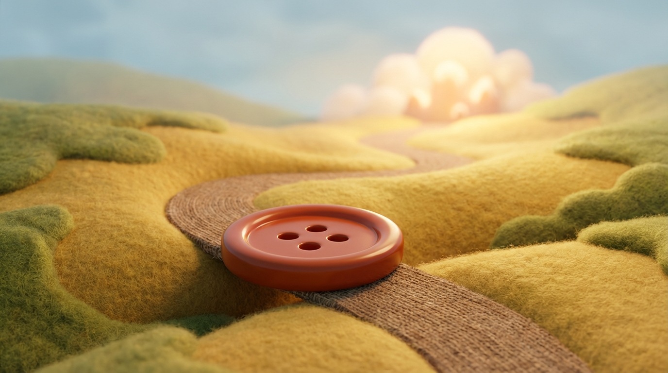 A winding path or road, seen from a slightly elevated perspective, leading towards a brightly lit, inviting destination on the horizon. In the foreground, a large, stylized button acts as a clear, well-defined signpost or a small bridge section, guiding the path forward. The button is a contrasting color to the path, drawing immediate attention. The surrounding landscape is gentle and encouraging, with a warm, welcoming color scheme of soft yellows and greens, conveying a sense of progression and opportunity.