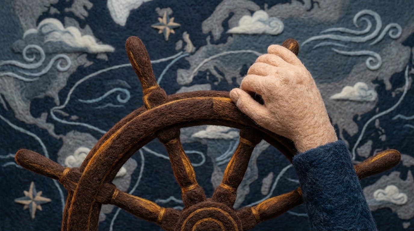 An abstract illustration of a ship's helm, with a hand steadily gripping it. In the background, a simplified, stylized map shows various routes and weather patterns, indicating monitoring and navigation. The colors are deep blues and grays, with subtle highlights on the helm, suggesting calm control and strategic oversight. The perspective is from slightly behind the helm, looking forward.