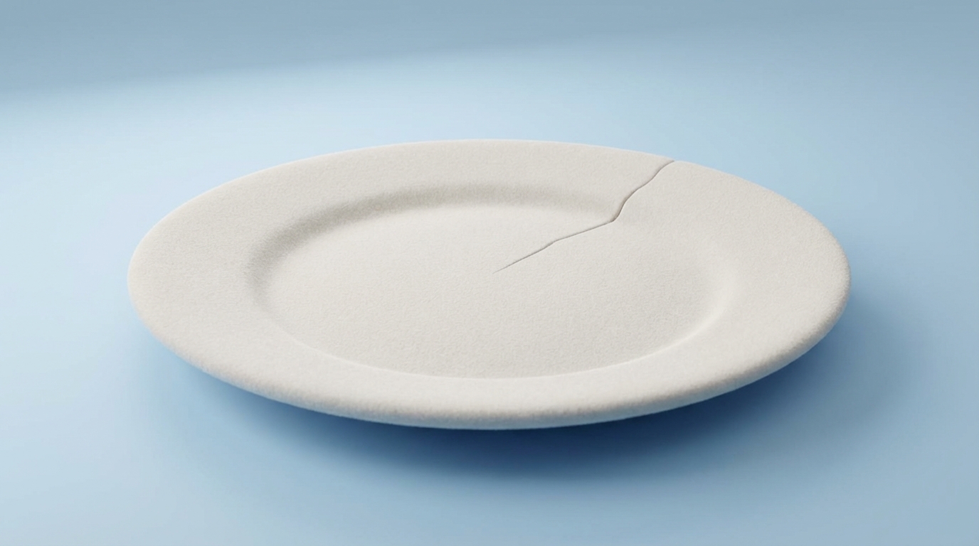 A pristine, smooth ceramic plate with a single, clear crack running across its surface. The crack, though small, makes the entire plate imperfect and less valuable, despite its otherwise flawless appearance. The background is simple and clean, highlighting the flaw and its impact. Close-up shot, emphasizing fragility and the destructive nature of even minor damage.