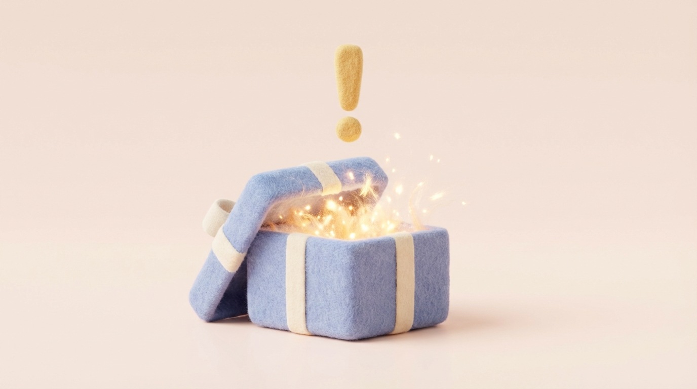 A simple, elegant gift box, partially opened, with a soft, golden light emanating from within. The inside of the box reveals not a typical product, but a shimmering, abstract glow, representing delight and surprise. A small, stylized exclamation mark hovers above the box. The background is clean and minimalist, perhaps a soft pastel color, creating a sense of anticipation and wonder.