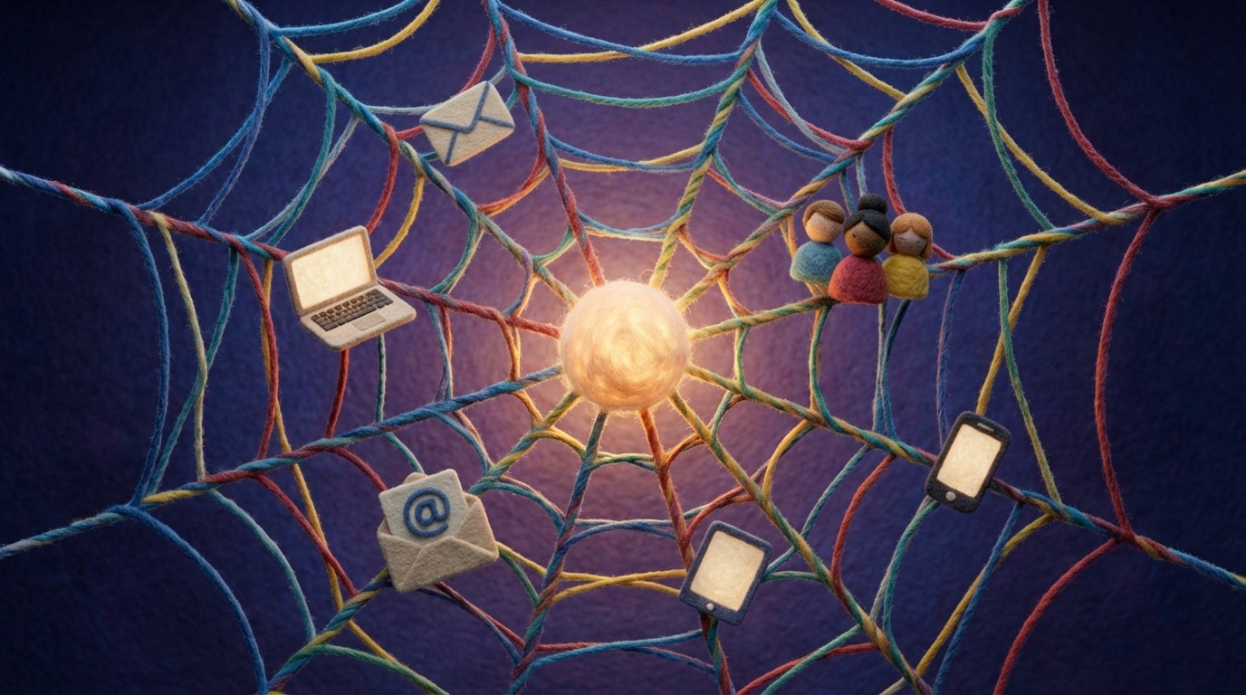 A large, colorful web, intricately woven, with a glowing central node representing content. Numerous smaller, distinct icons are caught in the web's threads, each symbolizing a different audience segment or distribution channel (e.g., a laptop screen, an email icon, a group of people). The web itself is vibrant and expansive, stretching across the frame, conveying far-reaching distribution. The background is a soft, dark gradient, making the illuminated web stand out. Dynamic and interconnected mood.