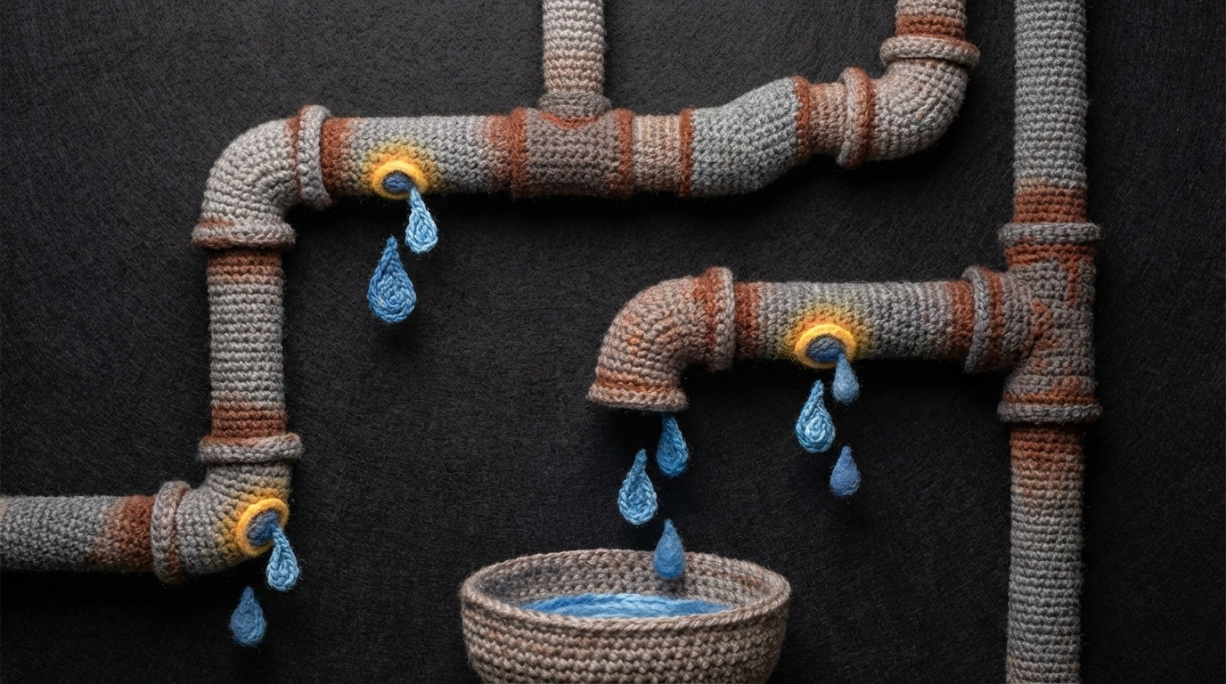 A stylized, slightly damaged pipe system with several visible leaks, where drops of water are actively escaping. Each leak point is highlighted with a small, contrasting glow, drawing attention to areas of loss. The pipes are interconnected and lead to a smaller collection pool at the bottom, which is noticeably less full than it should be. The background is dark and industrial, emphasizing the search for hidden failures.