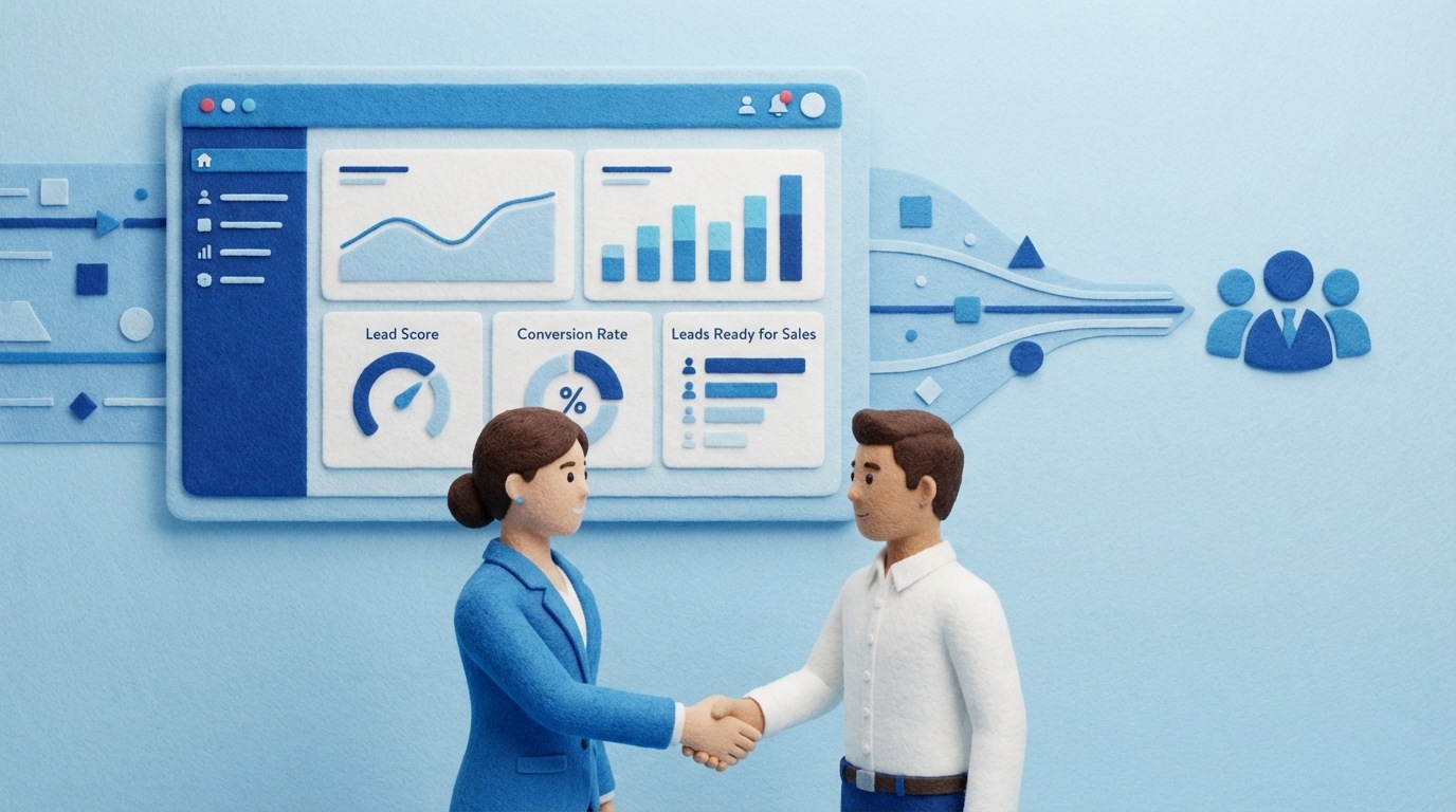 A sleek, modern dashboard display showing various metrics like "Lead Score," "Conversion Rate," and a "Leads Ready for Sales" counter. Below the dashboard, a salesperson is seen confidently shaking hands with a client, while in the background, subtle automated processes (represented by flowing data lines) are funneling qualified leads towards the sales team. The scene is bright and professional, with a focus on efficiency and positive outcomes. Cool blue and white color scheme.