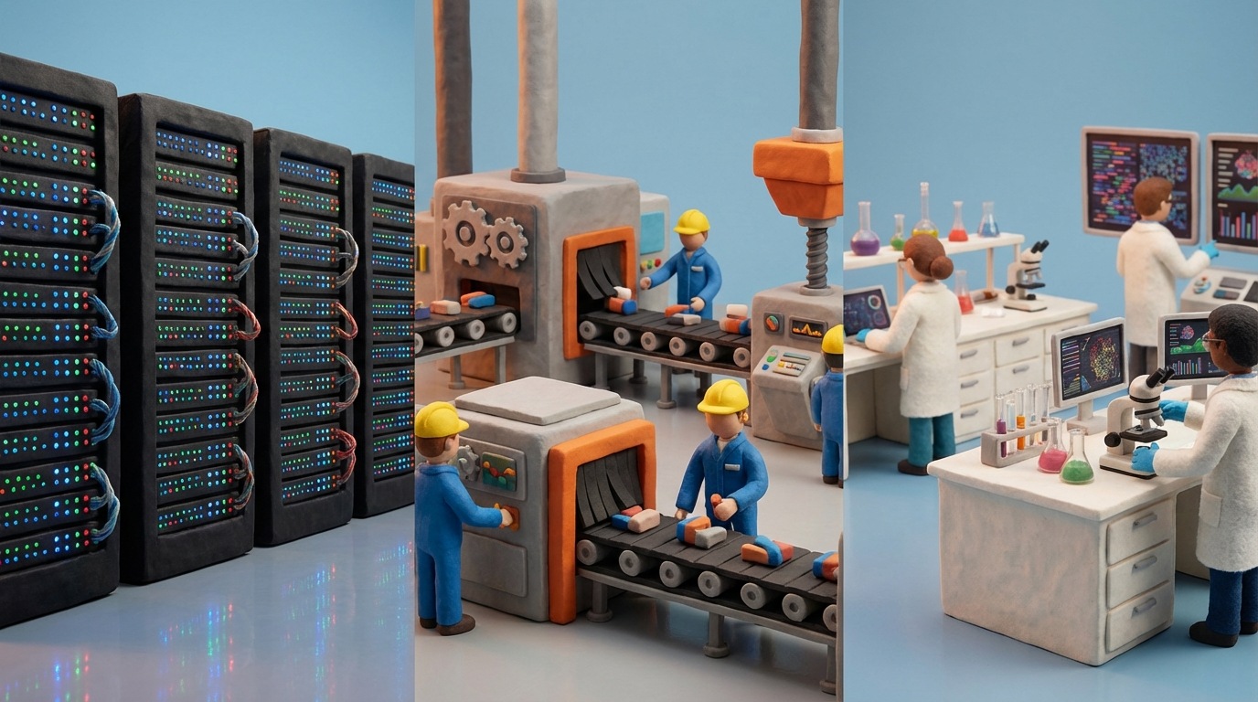 A montage of diverse professional settings: a sleek server room with blinking lights, a bustling factory floor with heavy machinery, and a high-tech laboratory with scientists in white coats. Each scene is rendered in a slightly stylized, illustrative manner, emphasizing the technological and industrial nature of B2B operations. The overall tone is serious and forward-looking.