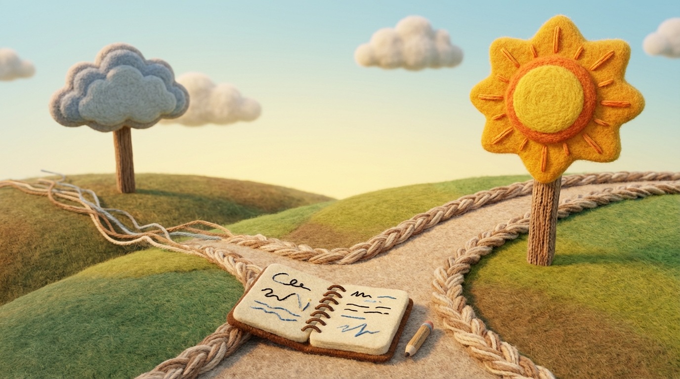 A stylized, winding path diverging into two directions. One path, well-trodden, leads towards a "New Opportunities" sign with vibrant colors. The other path, appearing less distinct and fading, leads away from a "Departing Client" sign. A small, open notebook lies at the divergence, with notes and observations, symbolizing analysis and learning from client departures. The overall mood is thoughtful and strategic, emphasizing adaptation and forward movement.