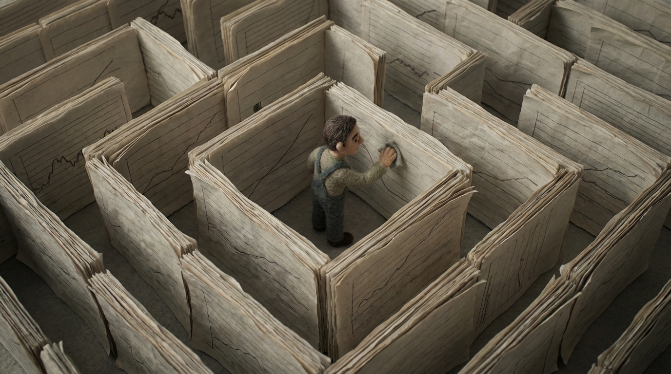 A stylized maze, intricately detailed with many twists and turns, but leading to a small, enclosed central area. A figure is shown inside the maze, meticulously cleaning and polishing the walls of the central area, completely oblivious to the paths leading out. The maze walls are made of stacked reports and data sheets. The overall color palette is muted, with a sense of being trapped. Overhead view.