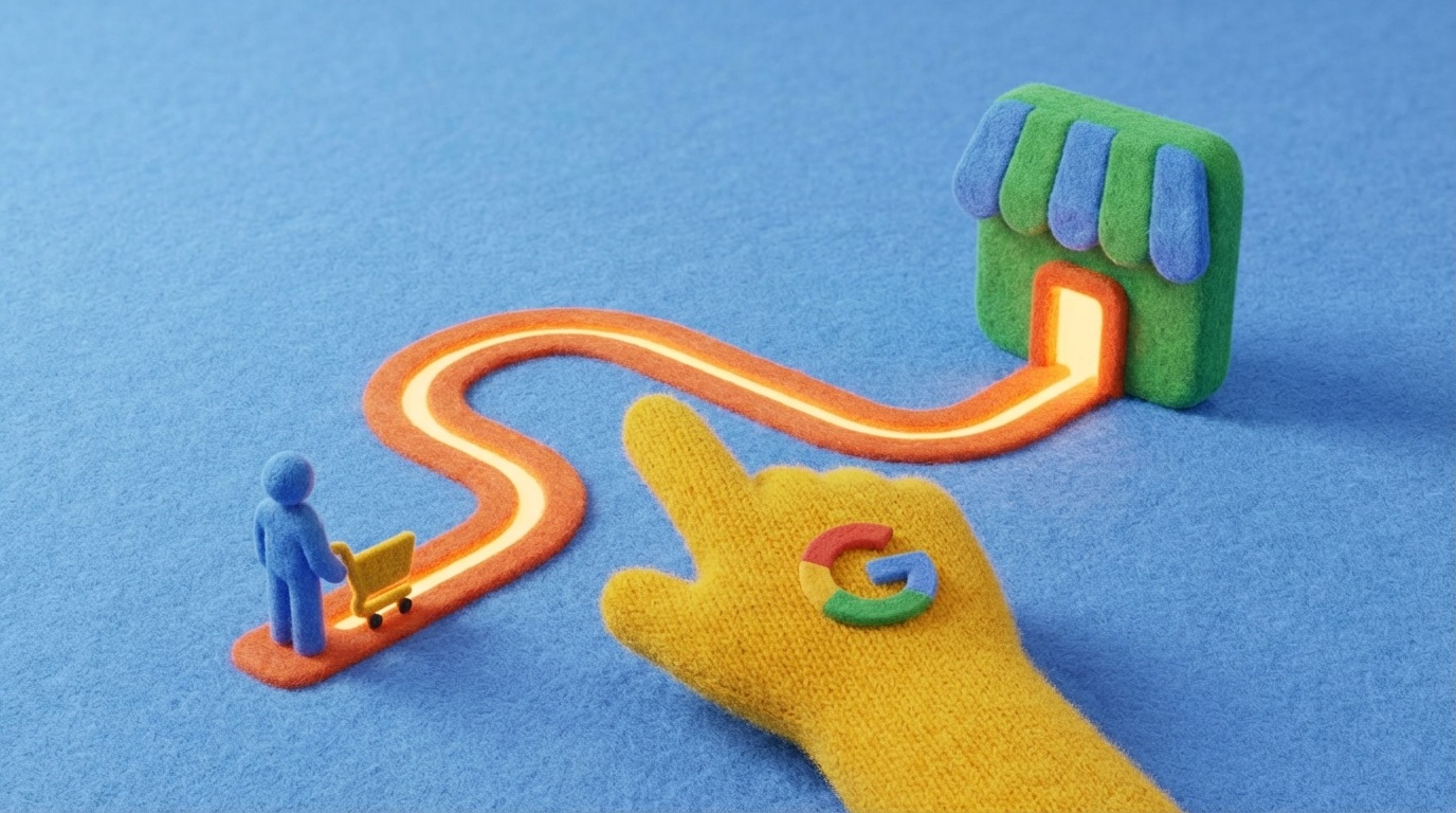 A stylized, glowing map interface with a winding, illuminated path. A small, abstract human figure with a shopping cart icon is at the start of the path. A large, friendly, abstract hand with the Google logo points along the path, guiding the figure directly towards a prominent, welcoming store icon at the end of the route. The background is a soft, digital blue, conveying a sense of helpful guidance and efficiency.