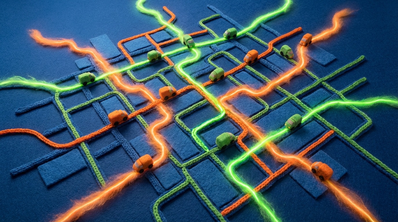 A dynamic city map viewed from above, with glowing lines representing optimized delivery routes. Different colored lines indicate current routes, while pulsating brighter lines suggest potential faster alternatives. Small, stylized icons of delivery vehicles are moving along the routes. The mood is efficient and energetic, with a palette of deep blues, bright oranges, and vibrant greens. The composition is expansive, showing a complex network of interconnected paths.