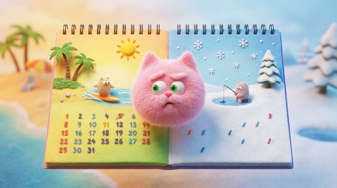 A calendar with two months displayed: a sunny summer month (e.g., July) showing high activity, and a snowy winter month (e.g., December) showing lower activity. A large, stylized overlay of a questioning expression or a confused face hovers between them, representing misunderstanding due to seasonal changes. The background is a subtle blend of summer and winter landscapes. Contrasting seasonal colors.