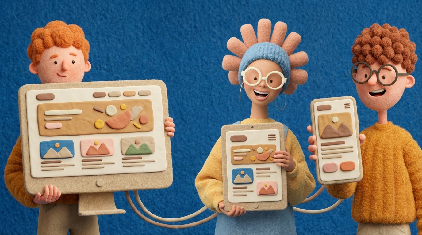 A triptych of screens displaying the same website content, but adapted for different device sizes. On the left, a large desktop monitor shows the full, expansive layout. In the center, a tablet screen displays a slightly condensed version. On the right, a smartphone screen shows a clean, vertically optimized layout with large, tappable buttons. The content on all screens is clearly readable and navigable, demonstrating responsive design. The devices are modern and sleek, arranged in a gentle curve.