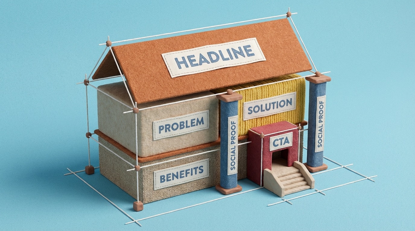 A blueprint-style illustration of a complex building, but instead of rooms, the labels on different sections of the blueprint say "Headline", "Problem", "Solution", "Benefits", "Social Proof", "CTA". The lines are crisp and precise, laid out on a light blue background, suggesting careful planning and structure. The overall mood is analytical and organized, with a clear focus on the architectural metaphor for web page design.