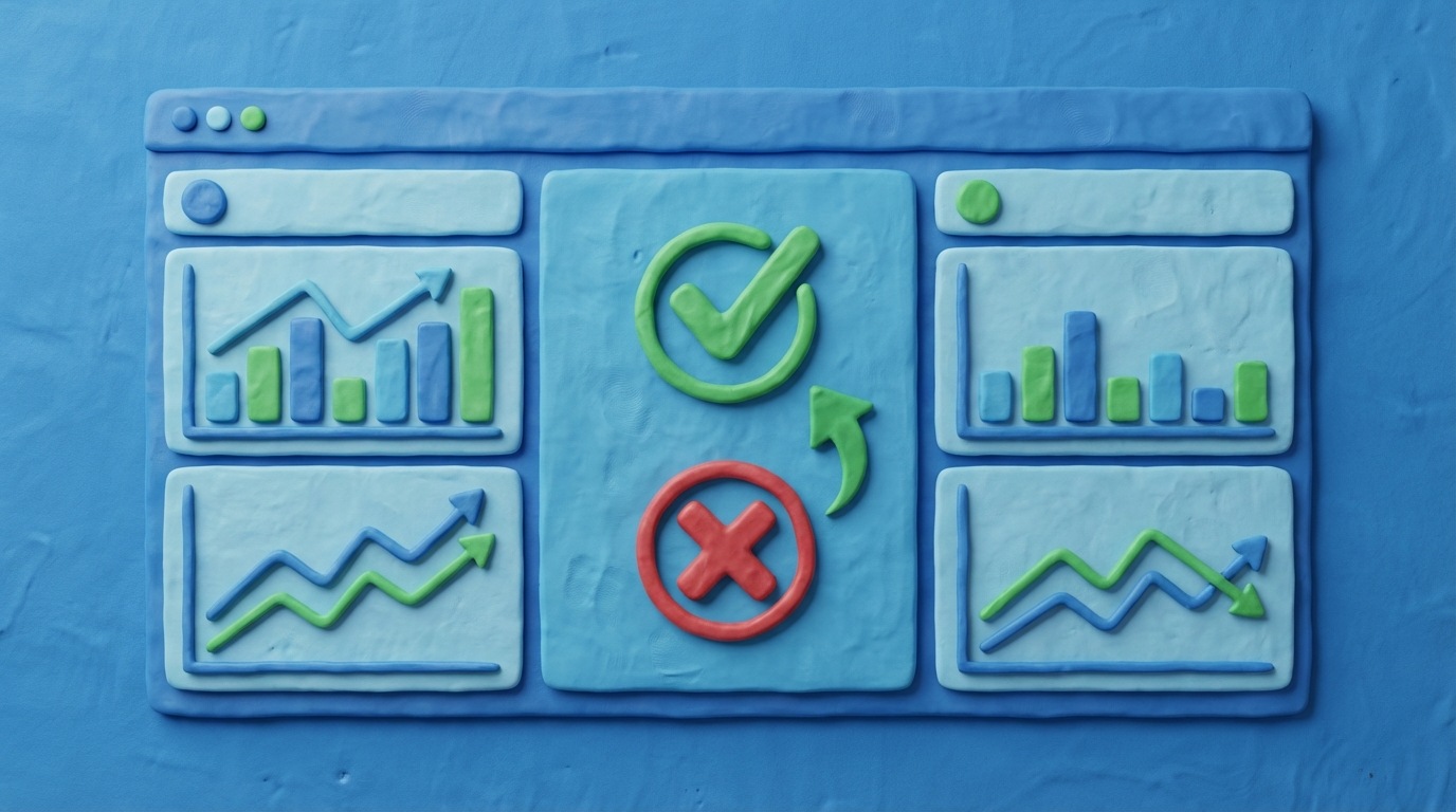A large, digital dashboard displaying various charts and graphs. Two prominent sections are labeled "Variant A" and "Variant B," each showing conversion rates and other metrics. A central area displays a "Statistical Significance" value, which is clearly marked as either "Achieved" or "Not Achieved" with a corresponding checkmark or cross. The overall design is clean and analytical, with a cool blue and green color palette, emphasizing clarity in data interpretation. The mood is focused and objective.