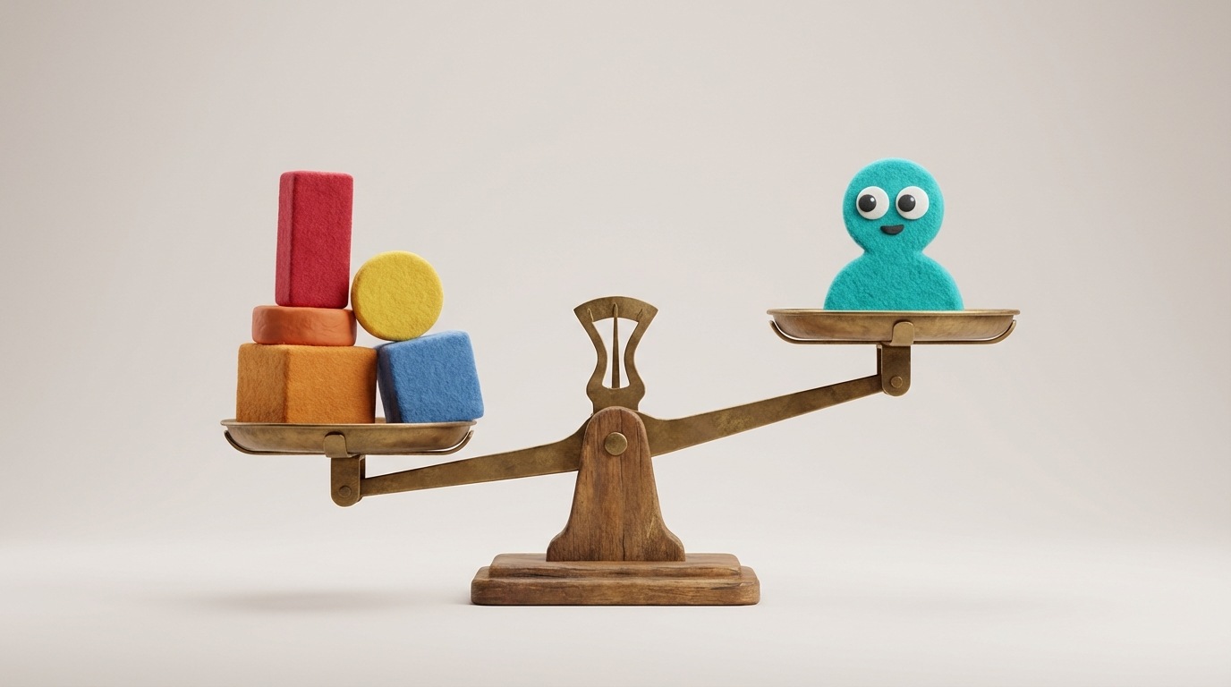 A stylized, antique-looking balance scale. On the left pan, a stack of diverse, brightly colored blocks or coins represents various marketing and sales expenses (e.g., a tall, narrow block for advertising, a wider, shorter block for salaries). On the right pan, a single, distinct customer icon is placed. The scale is slightly off-balance, indicating the need for optimization to achieve equilibrium. The background is soft and clean, focusing on the scale. The colors are warm and earthy, with the customer icon being a contrasting, bright hue.