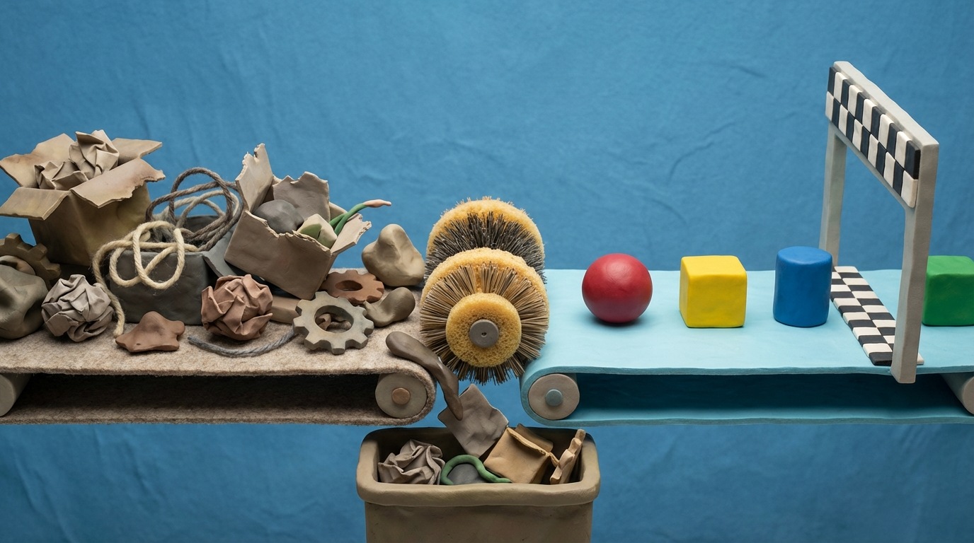 A conveyor belt system. On the left, the belt is cluttered with many unnecessary items and obstacles (represented by abstract shapes like crumpled paper, overflowing boxes, broken parts). On the right, the same conveyor belt is clean and streamlined, with only a few essential, distinct items moving smoothly towards a finish line. The transition point highlights the "cleaning" process. Bright, clean colors on the right, muted, messy colors on the left. Side view.