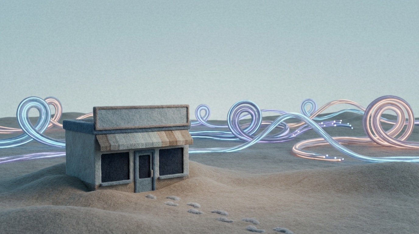 A vast, silent digital desert landscape under a pale sky. In the foreground, a single, small, unlit storefront is partially buried in sand, with faint trails leading away into the distance. In the background, numerous glowing digital paths are visible, representing potential customer journeys that bypass the buried store. A sense of isolation and missed connections. Cool, desaturated color scheme.
