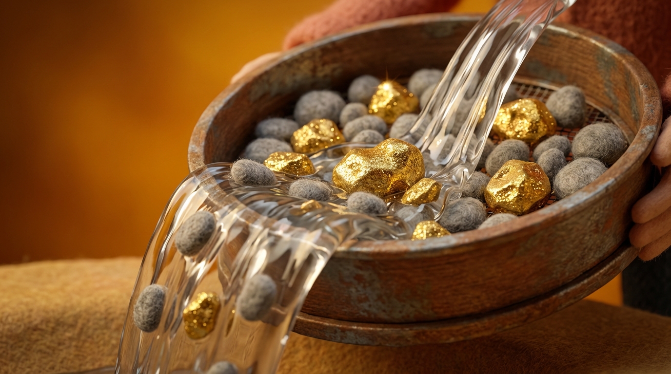 A stylized sifting pan, like those used for gold panning, is filled with various abstract shapes representing keywords. Some shapes are dull grey "pebbles" (empty words), while a few are shimmering, golden "nuggets" (profitable words) that stand out. A gentle stream of water flows over the pan, washing away the less valuable elements. The overall mood is focused and meticulous, with a warm, earthy color palette contrasting with the golden elements.