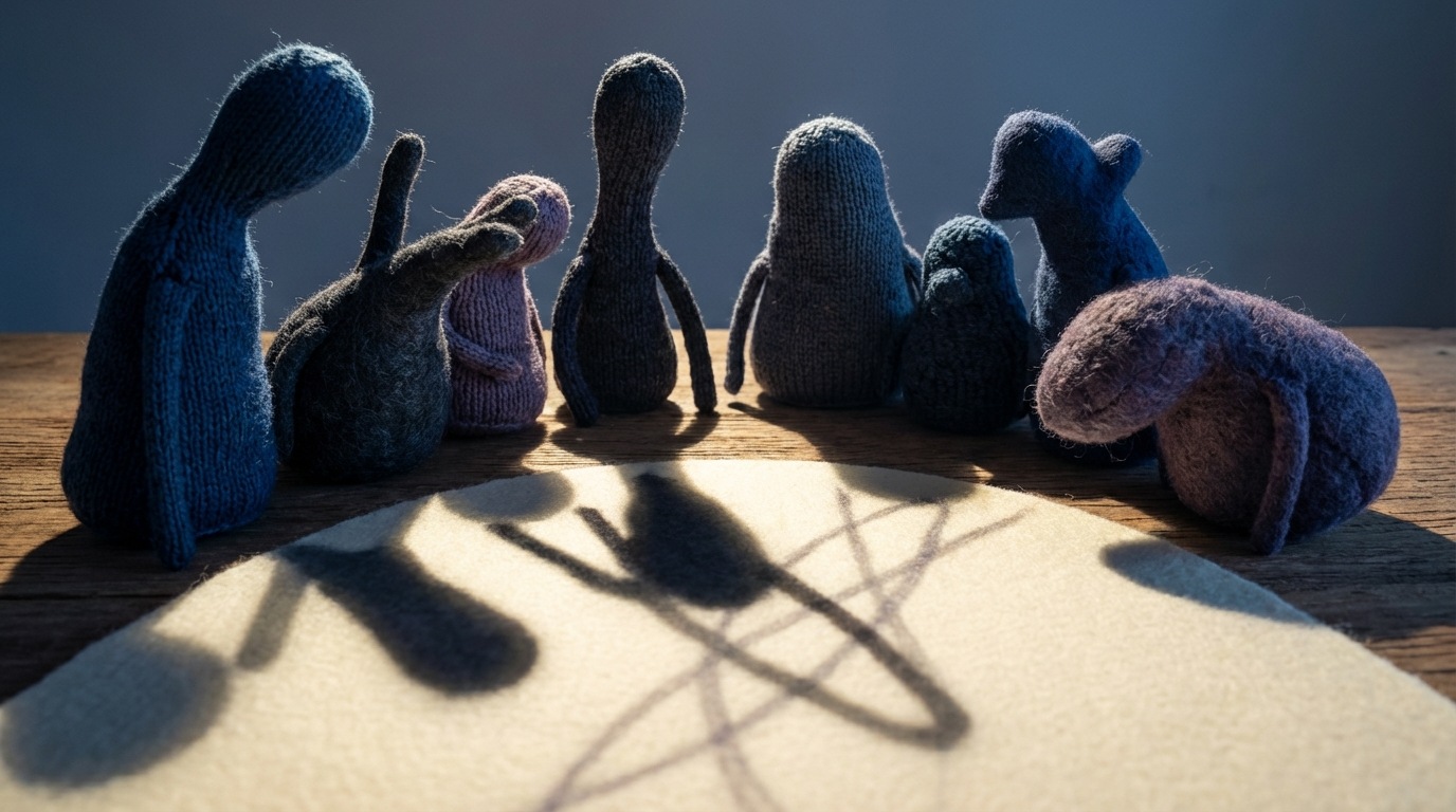 A group of diverse, abstract shapes gathered around a table-like surface, each casting a long, distinct shadow forward onto a designated "future" area. The shadows are varied, some long and dark, others short and faint, symbolizing potential problems or failures being projected and examined. The mood is serious and contemplative, yet proactive. A low-angle shot emphasizes the shadows. The color palette is subdued, with deep blues and grays for the shapes, and contrasting, lighter tones for the "future" area, highlighting the foresight.