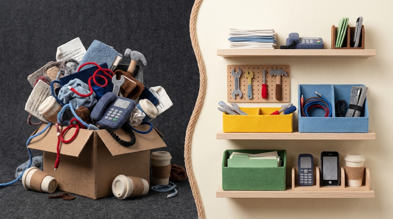 A split image showing chaos on the left and order on the right. On the left, a chaotic pile of assorted objects (documents, tools, phones, coffee cups) spills out of an overflowing box. On the right, the same objects are neatly organized into labeled bins and shelves, creating a sense of calm and efficiency. A gentle, separating line divides the two scenes. The left side has a jumbled, dark color palette, while the right side is clean and bright, emphasizing the transition from disorder to structure.