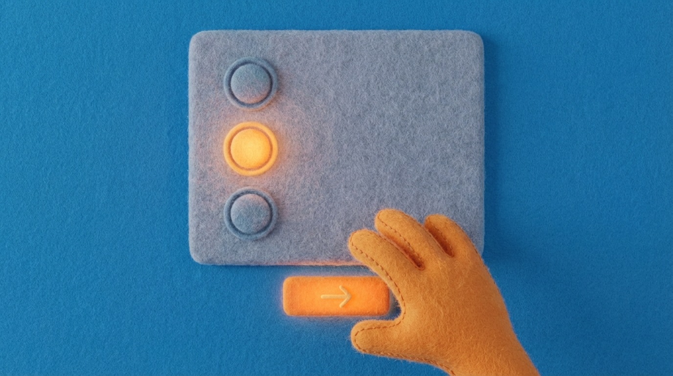 A simple online form with three radio button options. The middle option is pre-selected and highlighted with a subtle glow, clearly marked as "Recommended" or "Default." The other two options are unselected and appear slightly faded. A stylized, relaxed hand hovers above the form, about to click "Continue" without changing the pre-selected option. The background is clean and digital, with soft blues and grays, emphasizing the ease of accepting the default choice. The composition illustrates the power of pre-selection in guiding user decisions.