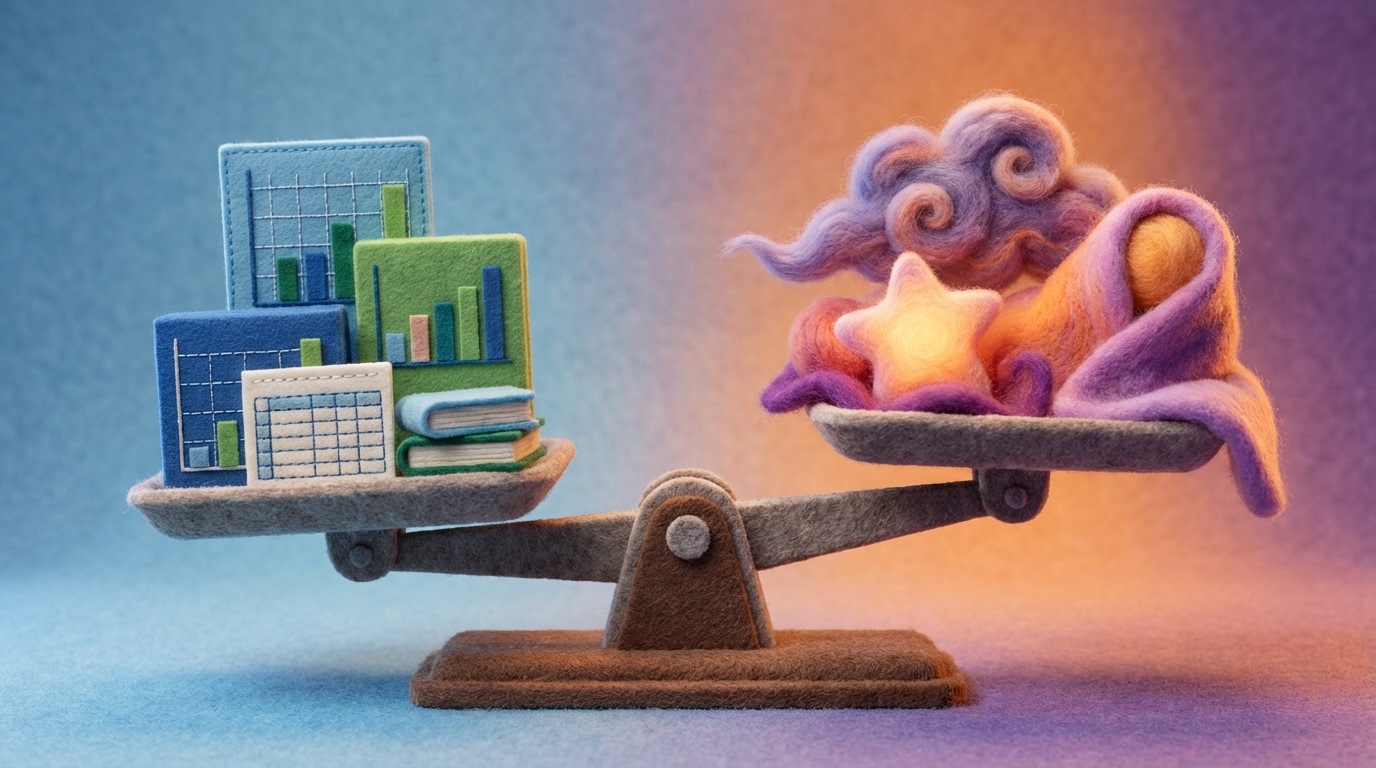 A balanced scale with two trays. On one tray, there are neatly stacked blocks representing data, charts, and spreadsheets, symbolizing logic and rational arguments. On the other tray, there are more abstract, flowing shapes and soft textures, representing emotions like fear, ambition, and security. The scale is slightly tilted, suggesting that while logic is heavy, emotions also carry significant weight in decision-making. The background is neutral, with a mix of cool blues for logic and warm purples/oranges for emotion.