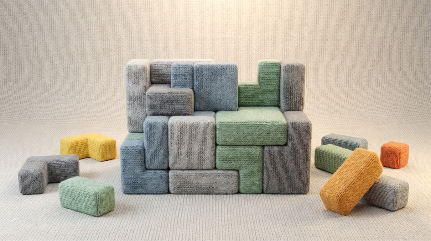 A collection of geometric, modular blocks in various shapes and sizes, arranged on a flat surface, viewed from a slightly elevated perspective. Some blocks are connected, forming a basic, sturdy structure, while other loose blocks are positioned nearby, ready to be added or rearranged to create new, adapted forms. The blocks are in a harmonious, muted color palette (e.g., soft grays, blues, and greens), with a few brighter accent pieces, symbolizing flexibility and adaptability within a structured framework. The composition suggests potential and versatility.