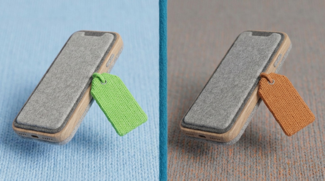 A split screen composition, divided by a crisp vertical line. On the left side, an identical product, perhaps a sleek, generic tech device, is displayed with a prominent label that reads "20% Discount!" in bright, appealing, sans-serif typography. The background on this side is a soft, inviting color like light blue or green. On the right side, the exact same product is shown with a label reading "25% Surcharge for Cash Payment" in a more neutral, less inviting tone, perhaps grey or muted orange. The background on this side is a slightly darker, more subdued color. The overall composition emphasizes the stark contrast in framing, despite the identical underlying value, conveying how presentation influences perception.