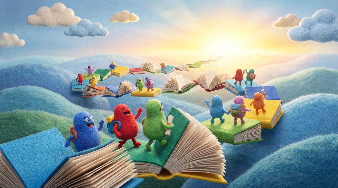 A winding, upward-sloping path made of open books, leading towards a brightly lit, expansive horizon. Each book represents a new learning opportunity, and the path itself symbolizes continuous development. Abstract figures are happily ascending the path, looking towards the distant light. The color palette is vibrant and educational, with blues, greens, and yellows dominating. The mood is aspirational and progressive.