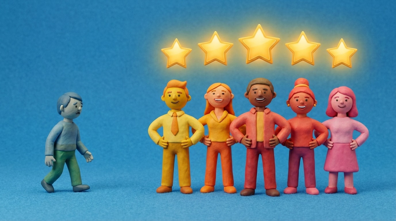 A group of stylized, diverse figures standing in a line, all confidently facing forward, with a small, single figure hesitantly stepping to join them from the side. Above the main group, a subtle glow or a series of positive star ratings indicate widespread approval. The background is simple and clean, highlighting the figures. The colors are warm and inviting for the main group, and slightly more muted for the hesitant individual, suggesting the influence of collective choice. The composition shows the power of social validation.
