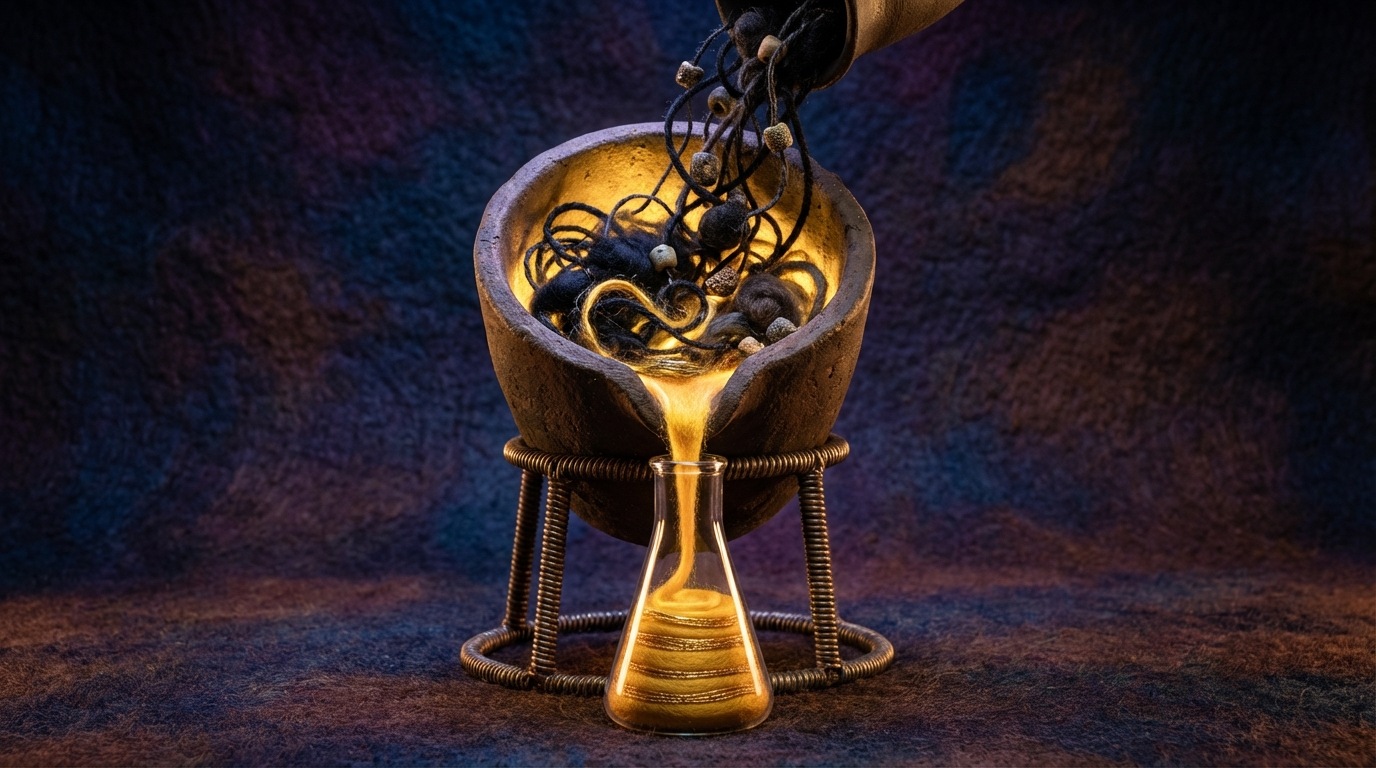 A stylized image of a crucible (alchemist's pot) on a stand, with raw, unrefined data (represented by chaotic, dark particles) being poured into it from above. From the bottom of the crucible, a stream of glowing, golden liquid (representing strategic decisions) flows into a neatly organized flask. The background is dark and mysterious, with subtle light emphasizing the transformation process. The mood is transformative and powerful. Close-up view.