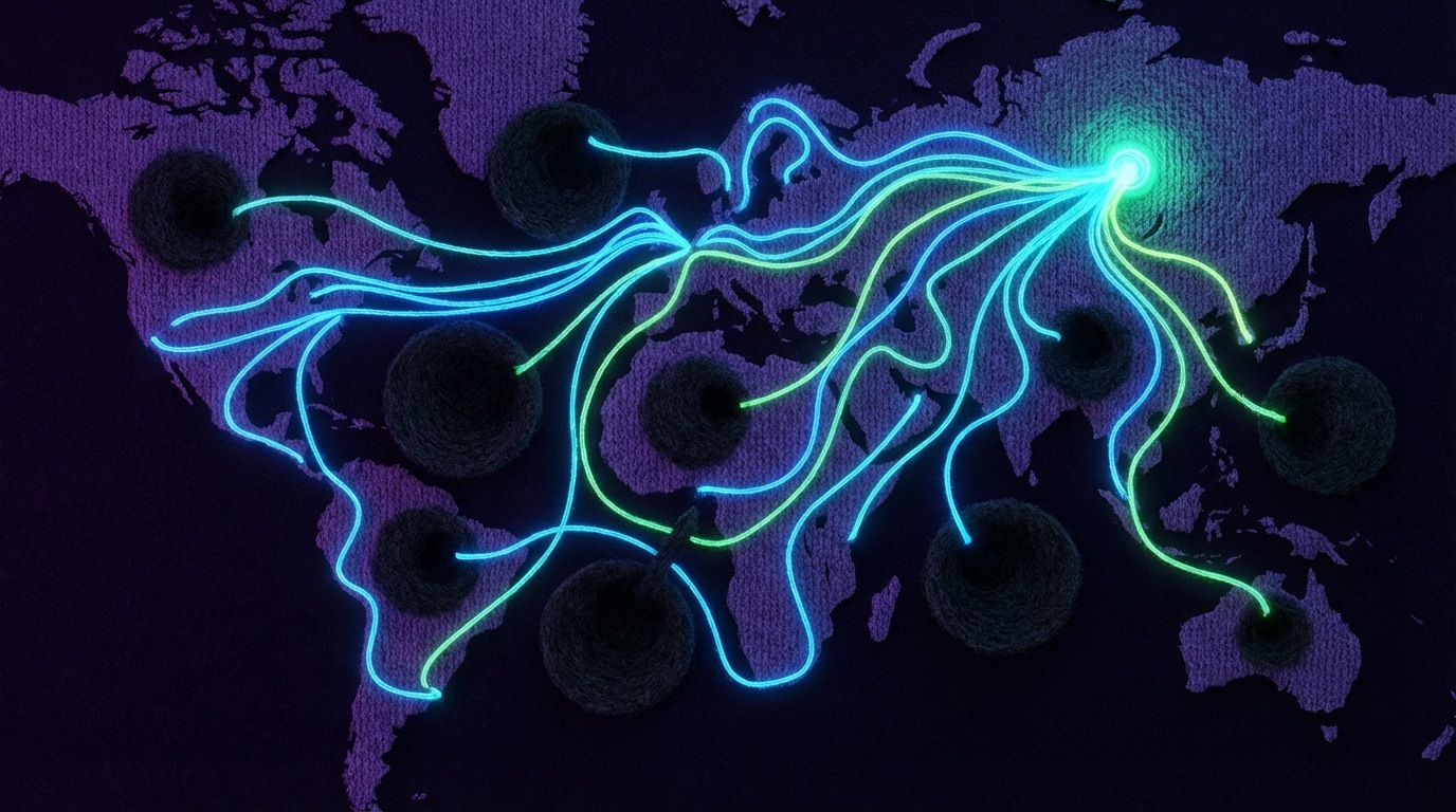 A stylized, glowing digital map spread across a dark background, resembling a website or a customer journey path. Several bright, flowing lines represent successful customer paths, leading to a vibrant destination. However, other lines abruptly terminate in dark, unlit circular zones scattered across the map, indicating "blind spots." These zones are like black holes, absorbing the glowing lines of customer progress. The surrounding atmosphere is cool and analytical, with contrasting bright blue and green lines against the deep purple and black of the map, emphasizing lost opportunities. Viewed from directly above.