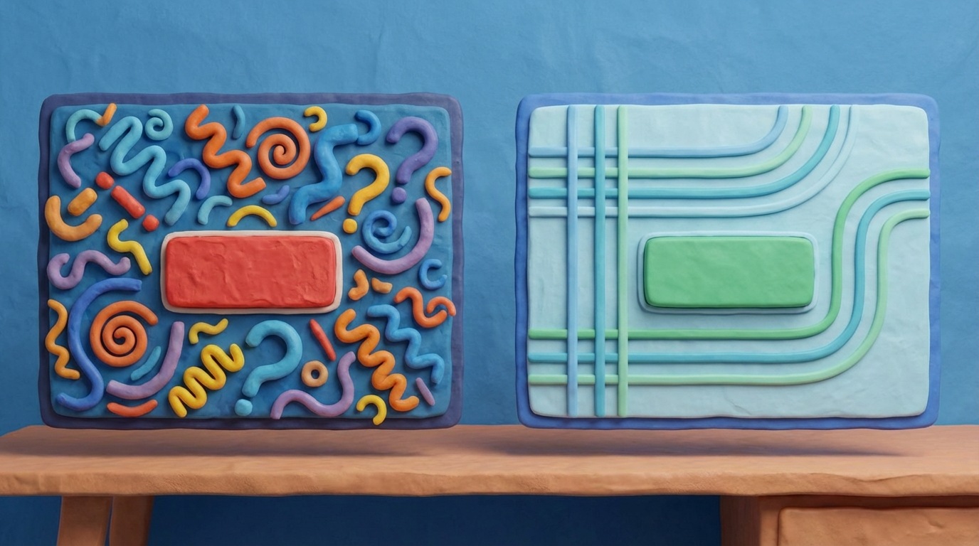 A side-by-side comparison of two digital interfaces. On the left, a web page with a prominent, bright red button labeled "Sign Up" stands out against a chaotic, cluttered background of abstract shapes and question marks. On the right, the same web page features a calm, green button labeled "Sign Up" against a clean, organized background with subtle, encouraging lines. The left side conveys a sense of urgency and confusion, while the right side suggests clarity and ease, illustrating different user experiences being tested.