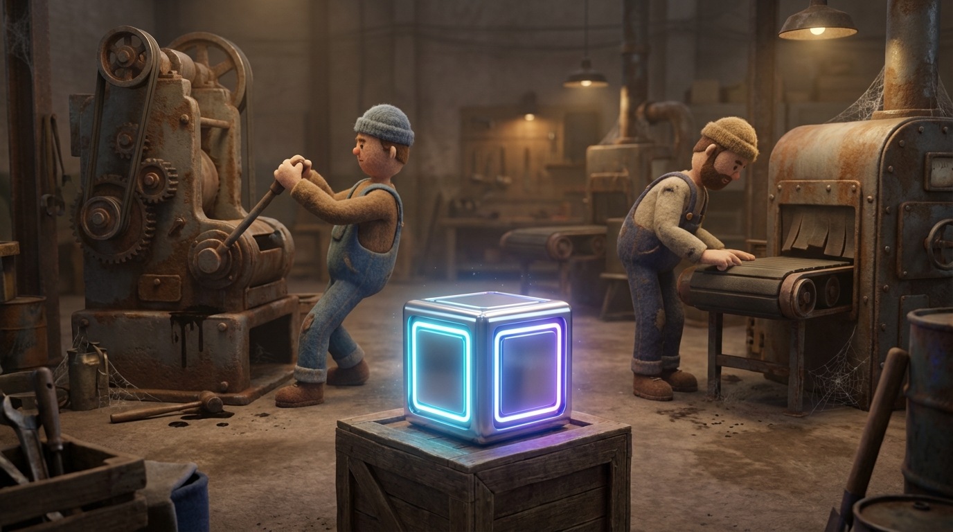 A shiny, futuristic, sleek piece of technology, perhaps a glowing cube or sphere, sits prominently and idly in the middle of an otherwise traditional, somewhat dusty factory floor. The technology is clearly unused and looks out of place, almost like a museum exhibit. In the background, workers are actively engaged with older, functional, and well-worn machinery, completely ignoring the new, expensive tech. The mood is one of misplaced priorities and wasted resources. Bright, almost neon colors for the unused technology, contrasting sharply with the muted, industrial tones and textures of the functioning factory.