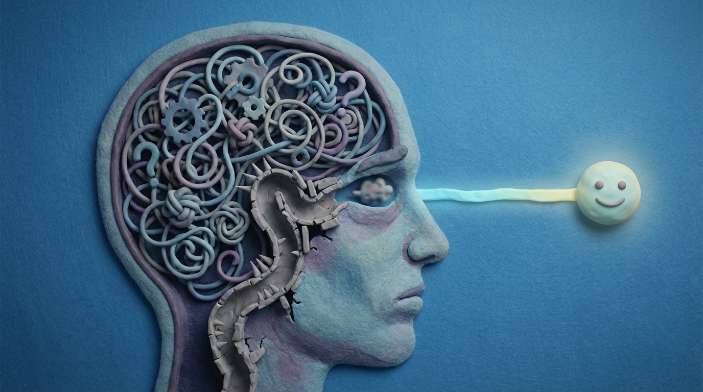 A stylized human head in profile, with abstract, swirling lines and simple shapes inside, representing complex thoughts. A small, winding, obstacle-filled path leads from the eye towards a distant, blurry destination. The path is difficult to discern, symbolizing high cognitive load. In contrast, a faint, straight, clear path is visible leading to an alternative, easily accessible destination outside the head. The colors are muted and slightly stressful inside the head, while the outside path is bright. This composition illustrates the brain's preference for simplicity and avoidance of complex information processing.