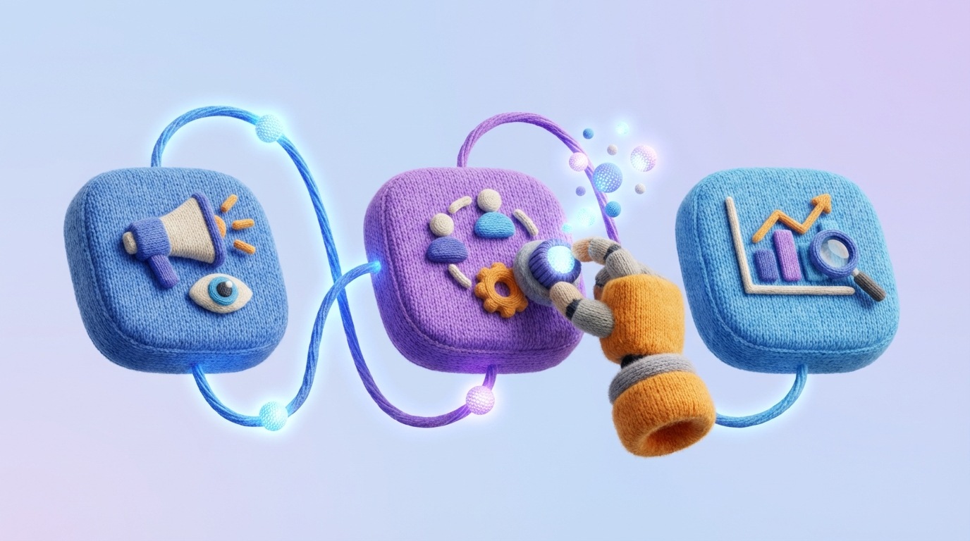 An illustration showing various digital platforms (represented by abstract icons for advertising, CRM, and analytics) seamlessly connected by glowing lines. Data flows smoothly between them, depicted as small, luminous spheres. A stylized robot hand is shown adjusting a setting on one of the platforms, symbolizing automation. The overall scene is clean and futuristic, with a dominant blue and purple color palette, conveying efficiency and interconnectedness.