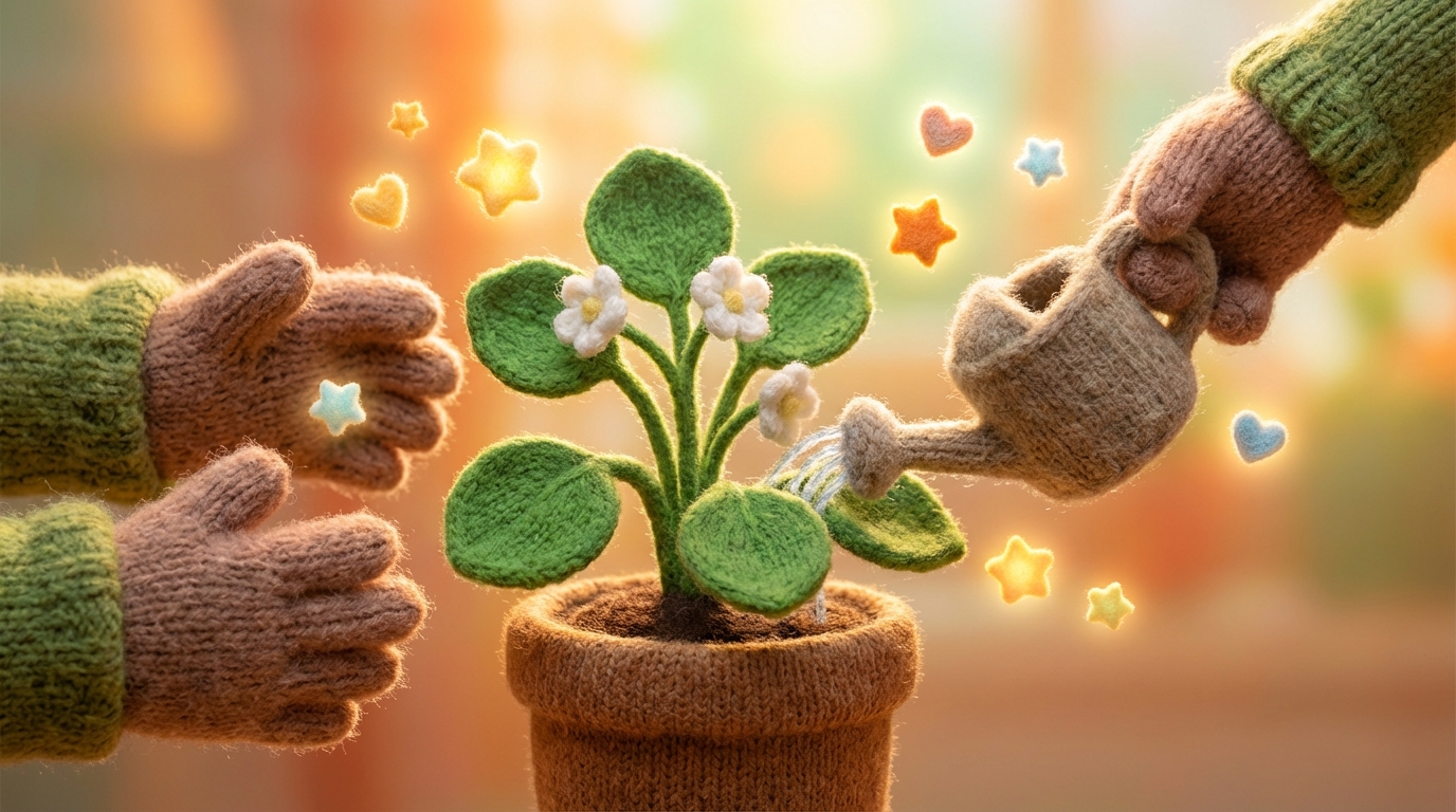 A small, healthy plant in a pot, with several gentle, caring hands pouring water from a watering can onto its soil. The plant is vibrant green, and the hands are soft and supportive, suggesting nurturing and growth. Around the plant, subtle, glowing symbols like stars or small hearts are floating, representing recognition and appreciation. The background is a warm, soft blur of light, creating an encouraging and positive atmosphere. The color palette is natural and inviting, with greens, browns, and gentle, luminous accents, emphasizing care and support.