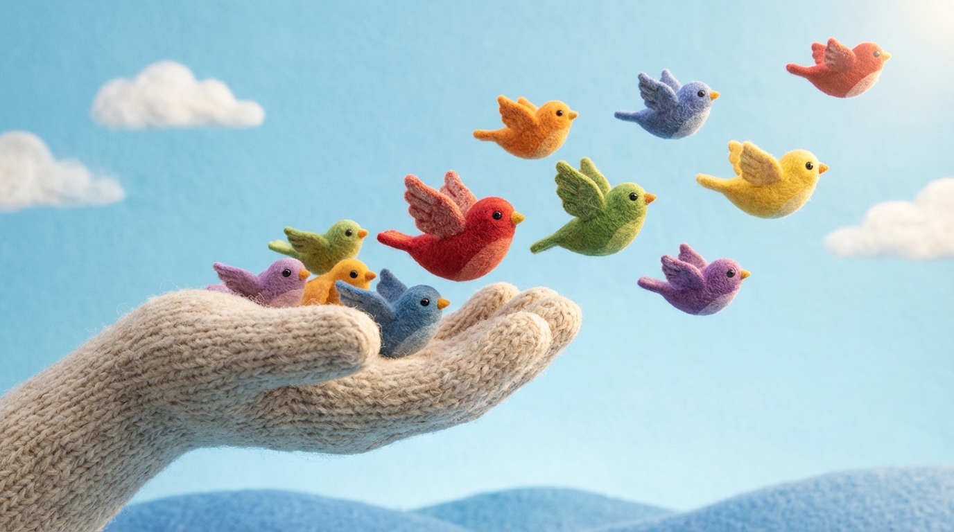 An abstract, strong hand gently releasing a group of stylized, colorful birds into an open, expansive sky. The birds are flying freely in different directions but generally moving forward. The hand is open and supportive, not controlling. The sky is bright and clear, symbolizing freedom and trust. The overall mood is one of empowerment and confidence in the team's ability to navigate independently.