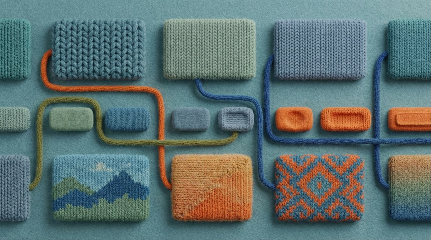 A complex grid of interconnected web page elements, like a modular design system. Each cell in the grid represents a different variant of an element (e.g., various button colors, headline fonts, image styles). Lines connect different elements, illustrating the testing of multiple combinations simultaneously. The color palette is a mix of muted blues and greens with occasional pops of contrasting orange, conveying complexity and interconnectedness. The overall mood is intricate and analytical.