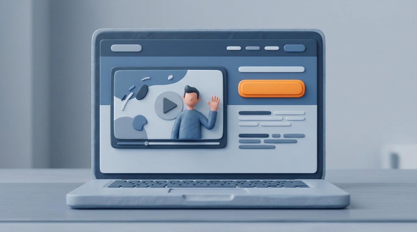 A stylized website landing page displayed on a laptop screen. A prominent video player is embedded "above the fold" on the left side of the screen, showcasing engaging content. On the right, a clear, inviting call-to-action button is visible. The rest of the page features concise, supporting text. The background is a clean, minimalist desk. The mood is efficient and persuasive, with a color palette of professional blues, grays, and a bright, contrasting green or orange for the CTA button. Frontal view of the laptop screen.