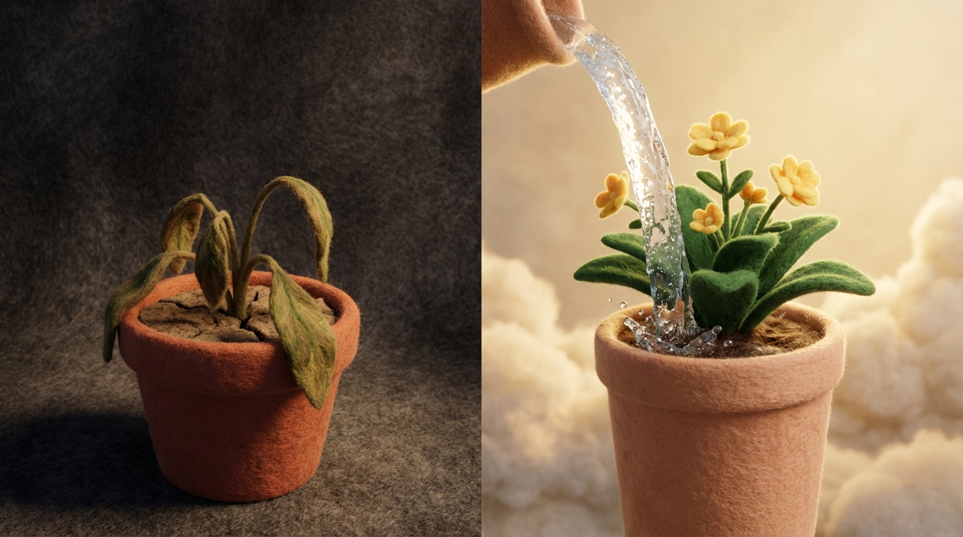 A stylized, wilting plant in a small pot on the left, looking dull and dry. On the right, the same plant is vibrant, green, and flourishing, with a gentle stream of water being poured into its pot from above. The background behind the wilting plant is dark and heavy, while the flourishing plant is bathed in soft, warm light. The contrast highlights the effect of care and replenishment. The overall mood is restorative and hopeful.